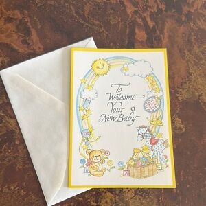 Vintage 70s Yellow Baby Welcome Card with Playful Animals